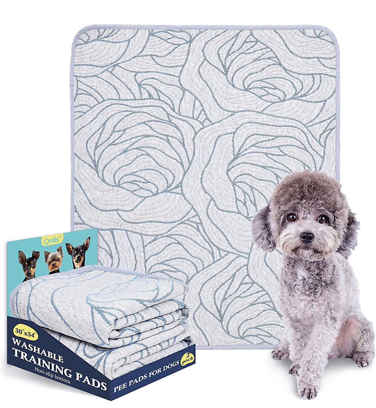 Qeils Pee Pads Reusable Washable Puppy Pads- 2 Pack 30"x34" Heavy Absorbent Protective Pads Leakproof Dog Training Pads, Non-Slip Potty Incontinence Pads for Bed, Floor, Couch, Carpet, Kennel, Crate