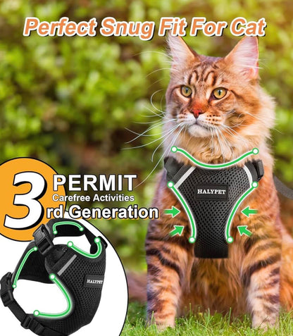 Halypet Cat Harness Small (7-12lb)[ MAX Safety Third Generation ] Escape Proof Soft Adjustable Breathable Comfortable Vest Easy to Wear Kitten Harness for Outdoor Walking Black Small