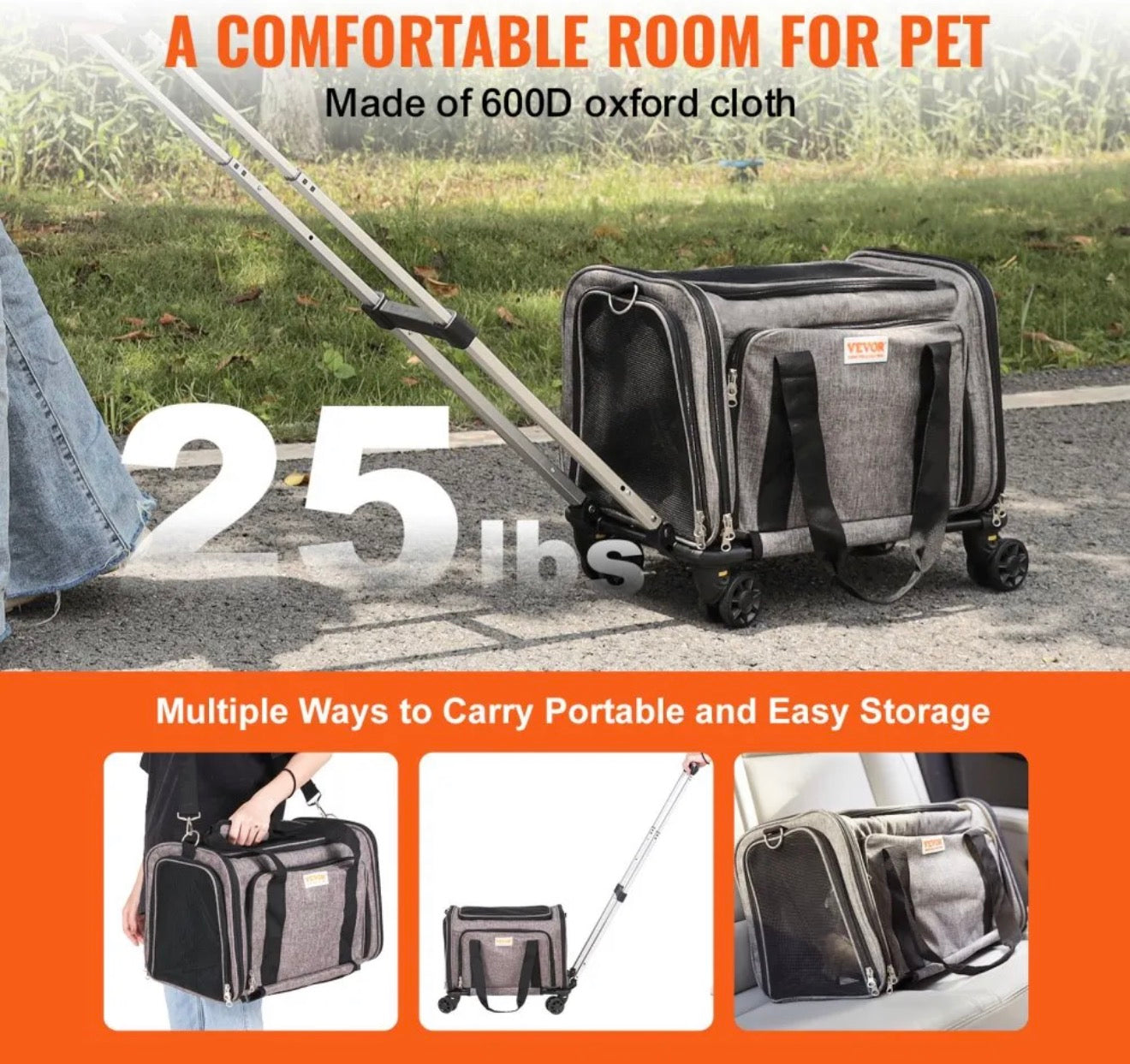 VEVOR Dog Carrier with Wheels, Airline Approved Rolling Pet Carrier with Telescopic Handle and Shoulder Strap, Cat Carrier with Wheels for Pets under 25 lbs, with 1 Folding Bowl, Grey