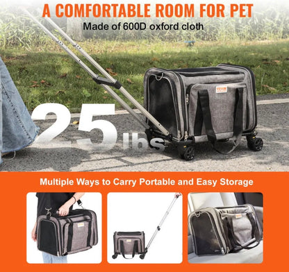 VEVOR Dog Carrier with Wheels, Airline Approved Rolling Pet Carrier with Telescopic Handle and Shoulder Strap, Cat Carrier with Wheels for Pets under 25 lbs, with 1 Folding Bowl, Grey