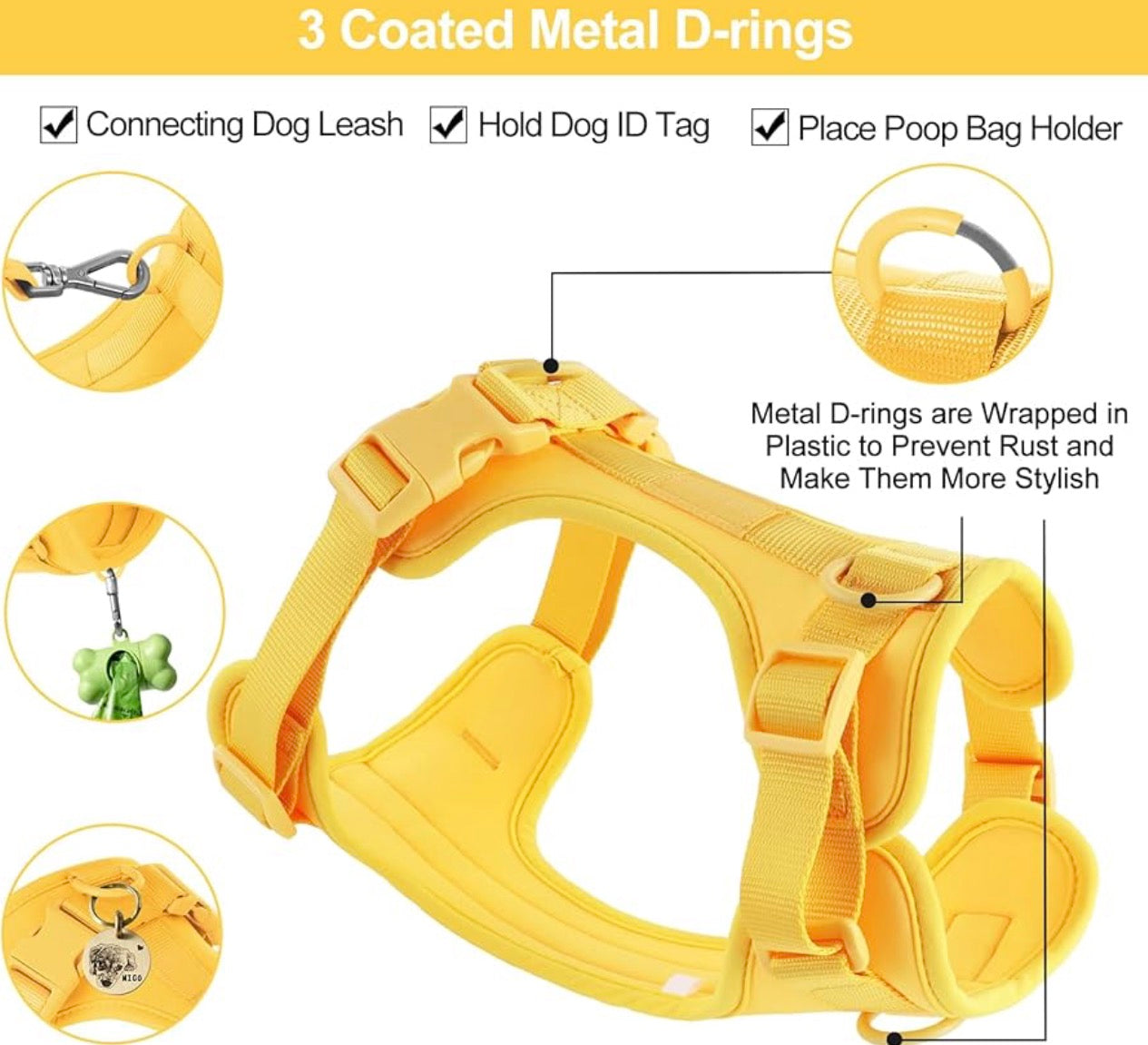 Wisedog No Pull Lightweight Dog Harness: Medium:Neck=13.5"-17.5"/Chest=20.5"-27.5" Adjustable Durable Breathable Mesh Pet Vest Harness with Soft & Comfortable Cushion, for Small Medium Large Dogs (Medium, Butter Yellow)