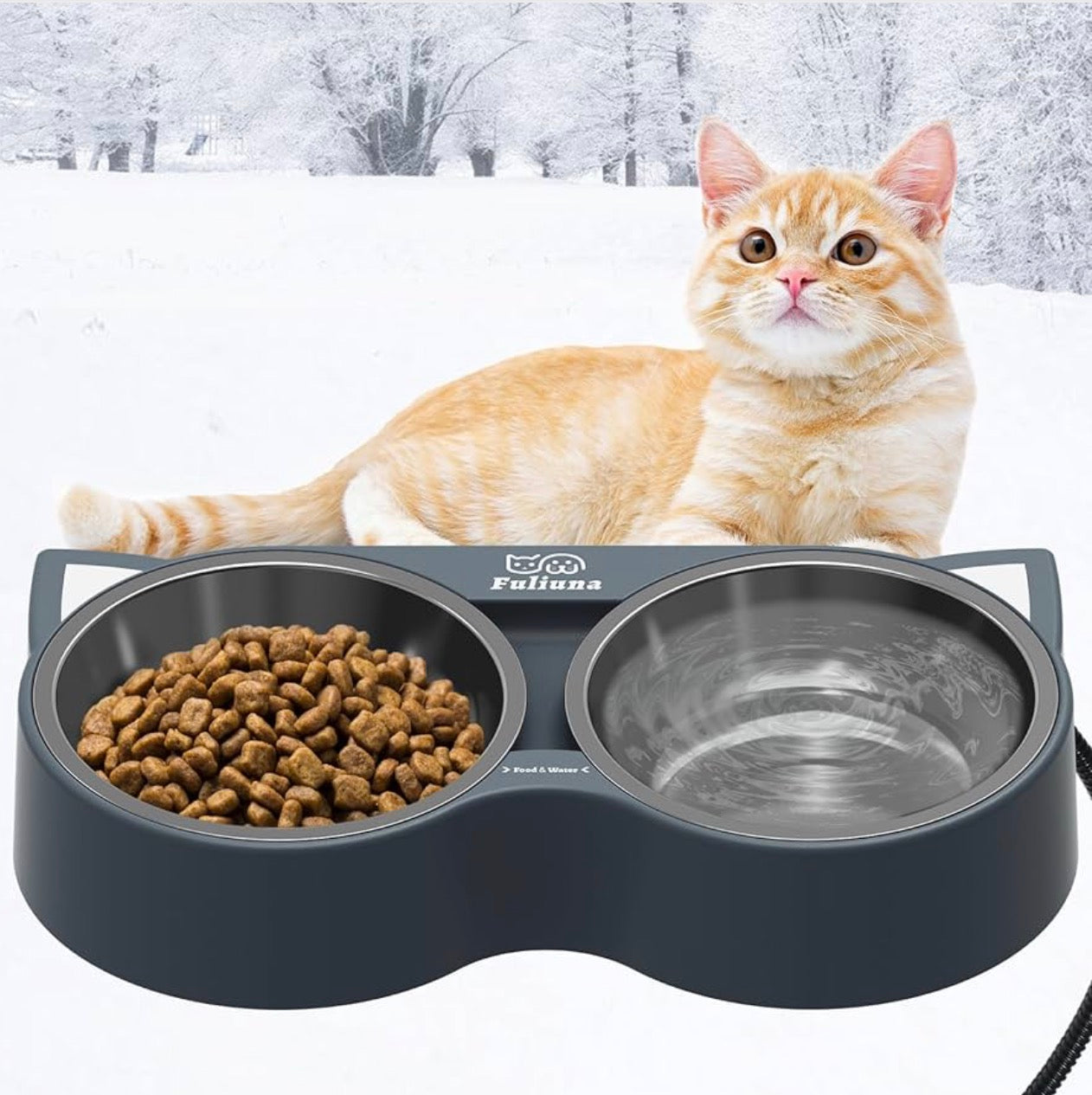 Fuliuna Heated Pet Bowl, Outdoor Heated Pet Bowl with Double Stainless Steel Bowl 23 OZ, Water Food Bowls for Pets,Thermal Pet Bowl Provide Drinkable Water and Hot Food in Winter