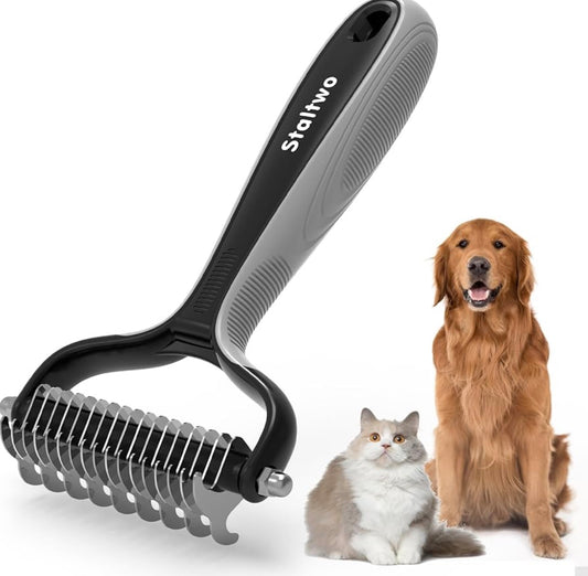 Pet Grooming Supplies - 2-in-1 Professional Undercoat Rake and Pet Brush | Staltwo Shedding Control for Long-Haired Dogs and Cats, Deshedding Tool, Knot Removal,Grey