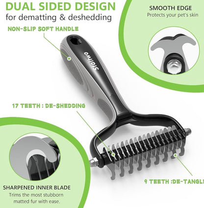 Pet Grooming Supplies - 2-in-1 Professional Undercoat Rake and Pet Brush | Staltwo Shedding Control for Long-Haired Dogs and Cats, Deshedding Tool, Knot Removal,Grey