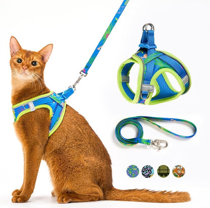 Petthem Cat Harness and Leash Set, Step-in Escape Proof Adjustable Vest Harness for Large Cat, Lightweight Soft Breathable Reflective Kitten Harness for Walking Travel, Camping(Hawaii Green, L)