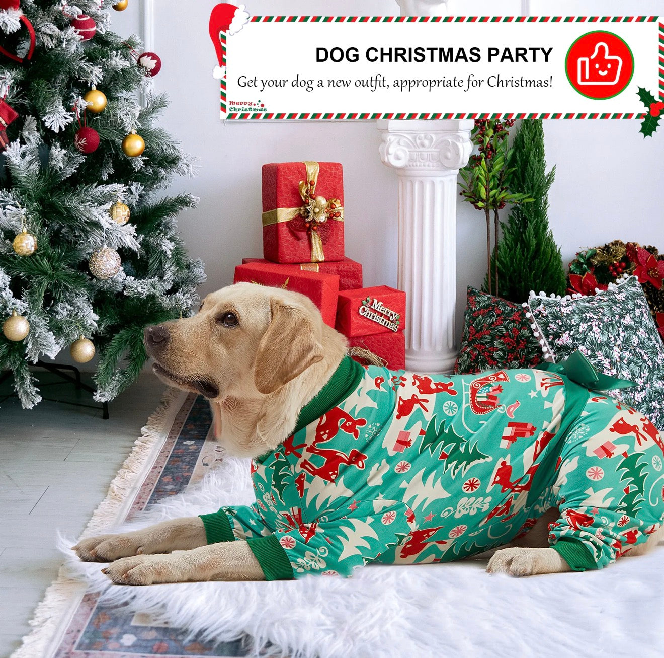 LovinPet Large Dog Pajamas Onesie - Reindeer and Green Christmas Bow Design for Big Breeds