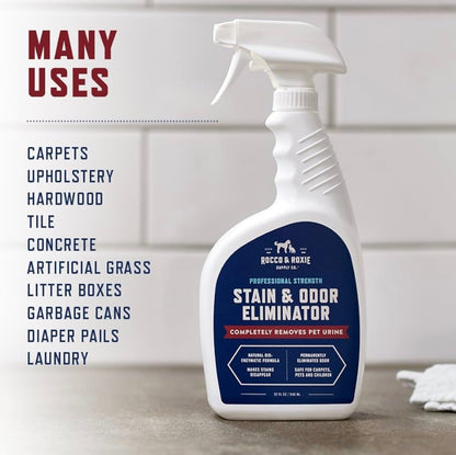 Rocco & Roxie Supply Co. Stain & Strong Odor Eliminator, Enzyme Cleaner, Pet Odor Eliminator for Home - Carpet Stain Remover for Cats & Dog Pee - Urine Destroyer - Carpet Cleaner Spray Clear, 32 Fl Oz