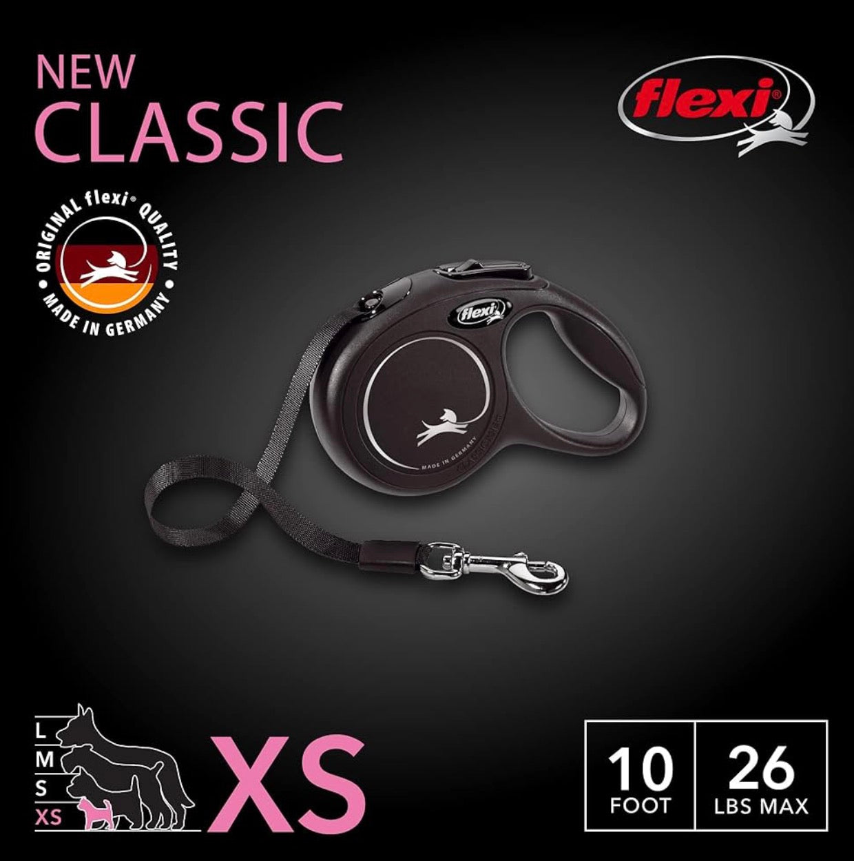 Flexi New Classic Retractable Dog Leash (Tape), 10 ft, Extra Small, Black