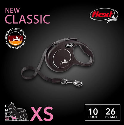 Flexi New Classic Retractable Dog Leash (Tape), 10 ft, Extra Small, Black