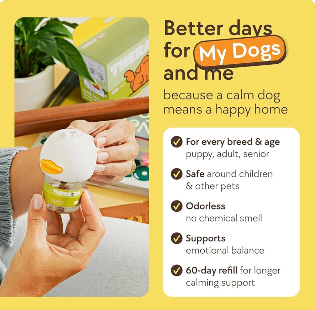 TherapetMD 30-Day Dog Calming Diffuser - for Stress, Destructive Behavior, Pee Accidents, Separation Anxiety, Barking, Aggression & Chewing - 30-Day Refill Included - Packaging May Vary