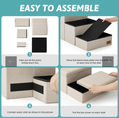 COZY KISS Dog Stairs with Storage, 4 Step Wider Sturdy Dog Steps for Small/Medium/Large Dogs and Older Cats, Folding Doggie Ramp for Bed/Couch/Car Hold Up to 210 lbs (16.7" H, Beige)