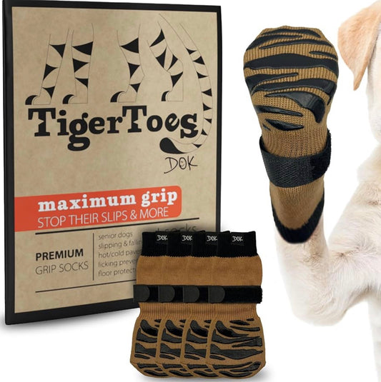 DOK TigerToes Premium Non-Slip Dog Socks for Hardwood Floors - Extra-Thick Grip That Works Even When Twisted - Prevents Licking, Slipping, and Great for Dog Paw Protection (Cool Caramel, Medium)