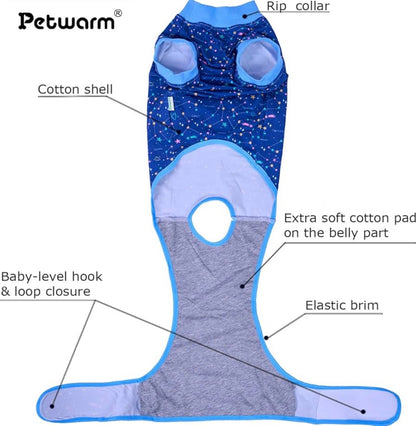 PetWarm Female Dog Surgery Recovery Suit for Spay, medium size Recovery Suit for Male Dogs, Bodysuit for Abdominal Affected Areas Sensitive Skin Areas, Onesie for Dogs After Surgery, Galaxy Pattern, Blue, M