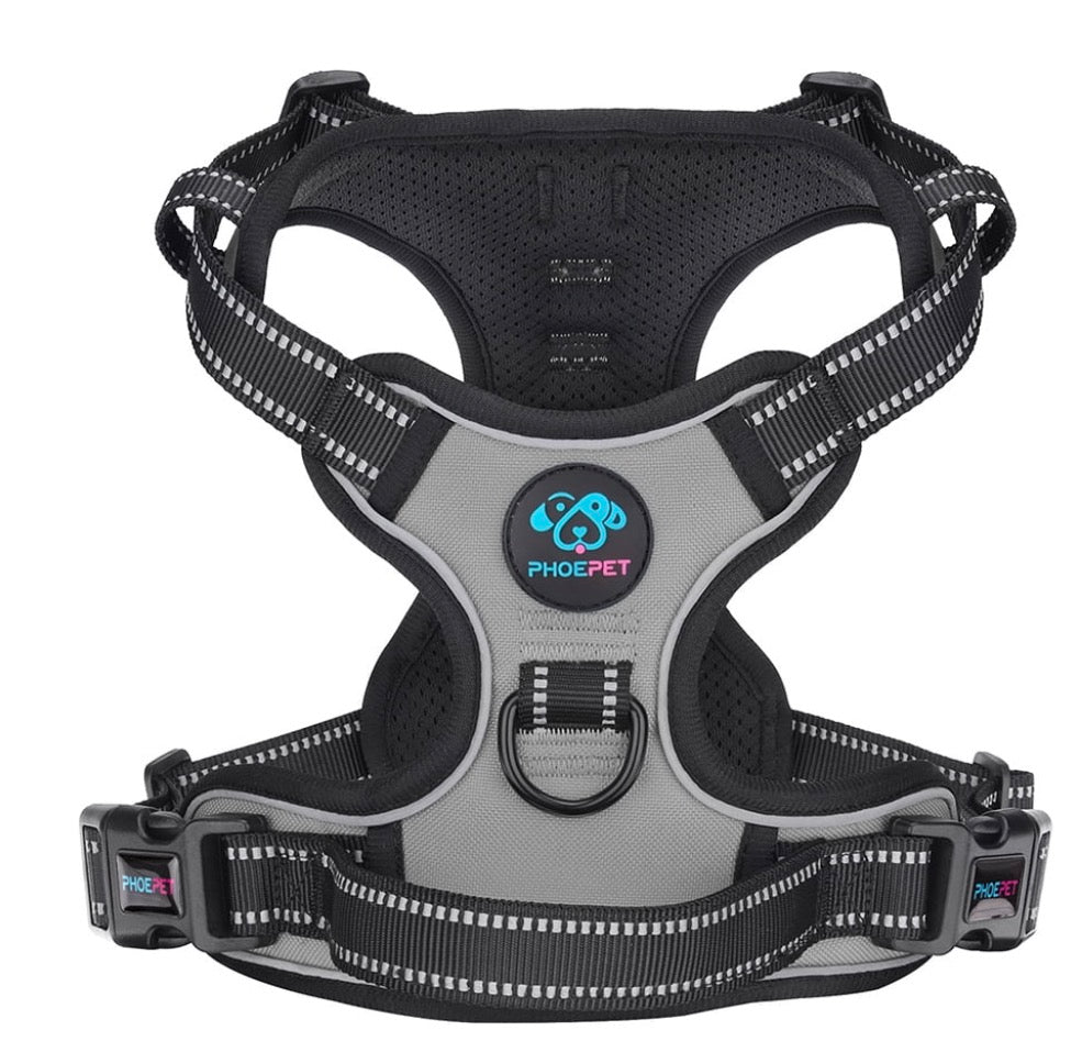 PHOEPET No Pull Dog Harness Medium Reflective Front Clip Vest with Handle, Adjustable 2 Metal Rings 2 Buckles,Grey