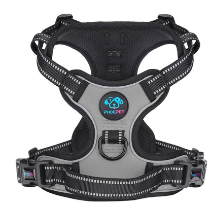 PHOEPET No Pull Dog Harness Medium Reflective Front Clip Vest with Handle, Adjustable 2 Metal Rings 2 Buckles,Grey