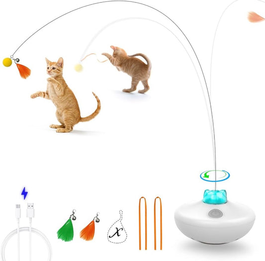 Oxawo Interactive Cat Toys Cat Exercise Tumbler, Rechargeable for Indoor Cats Spin Butterfly Game Teasing Kitty, Extra Long Feather Wand