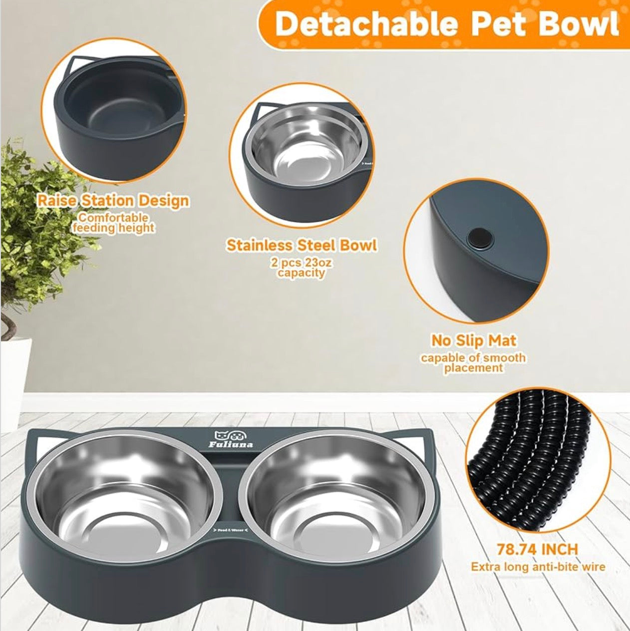 Fuliuna Heated Pet Bowl, Outdoor Heated Pet Bowl with Double Stainless Steel Bowl 23 OZ, Water Food Bowls for Pets,Thermal Pet Bowl Provide Drinkable Water and Hot Food in Winter