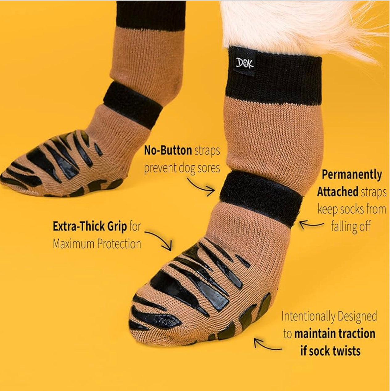 DOK TigerToes Premium Non-Slip Dog Socks for Hardwood Floors - Extra-Thick Grip That Works Even When Twisted - Prevents Licking, Slipping, and Great for Dog Paw Protection (Cool Caramel, Medium)