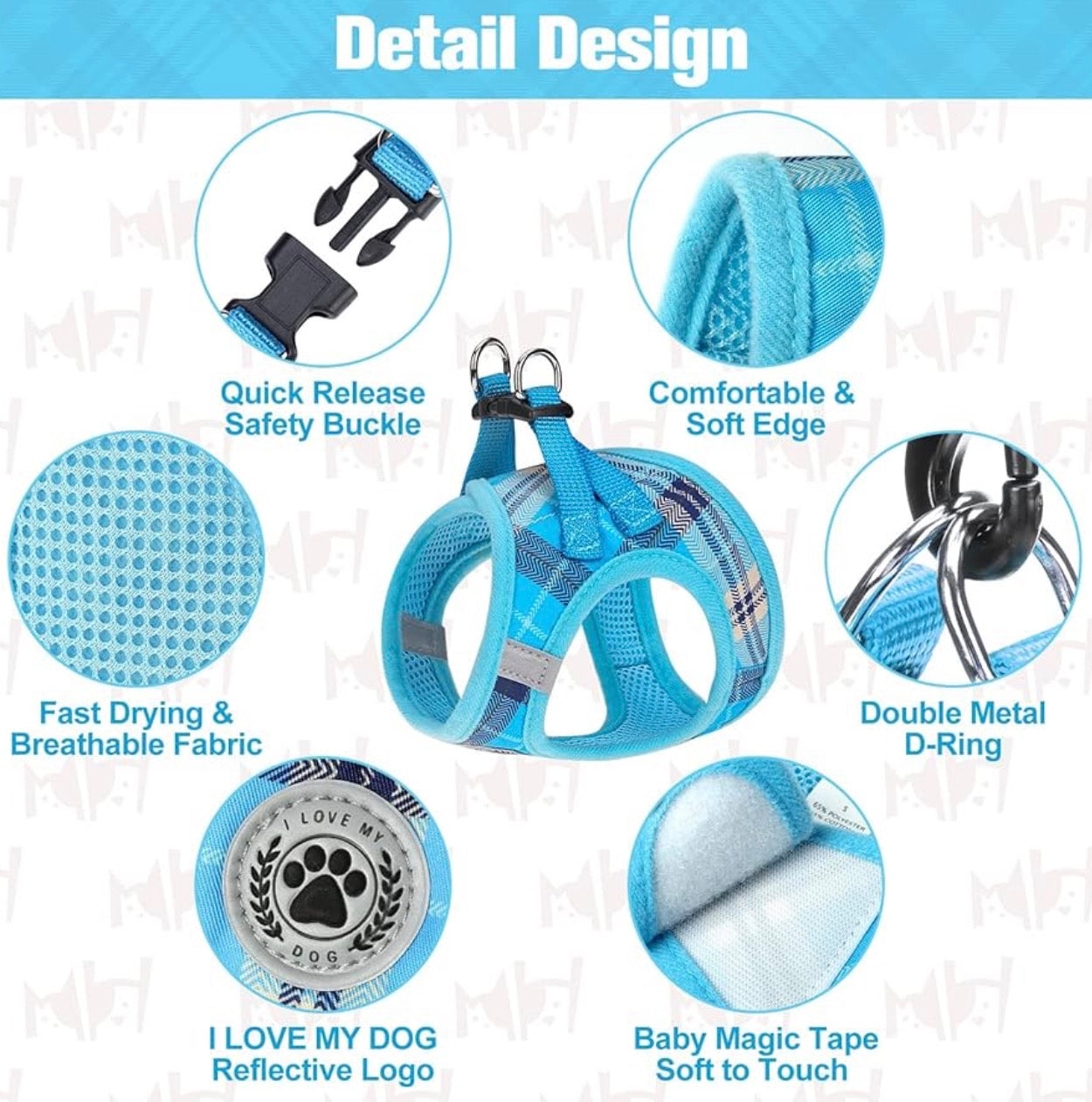 BEAUTYZOO medium size Dog Harness Step in No Choke No Pull Soft Mesh Dog Harnesses Reflective for Medium Puppy Dogs and Cats, Plaid Dog Vest Harness for small Pets, Blue Medium