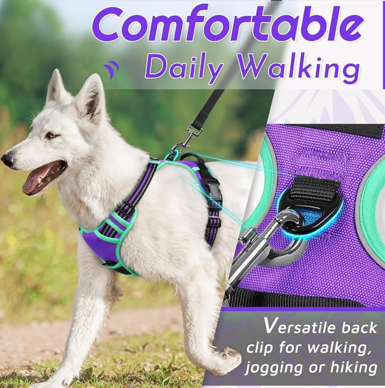 Eagloo Dog Harness for Large Dogs, chest girths between 15-35.4 inches No Pull Service Vest with Reflective Strips and Control Handle, Adjustable and Comfortable for Walking, No Choke Pet Harness with 2 Metal Rings, Purple & Green, L