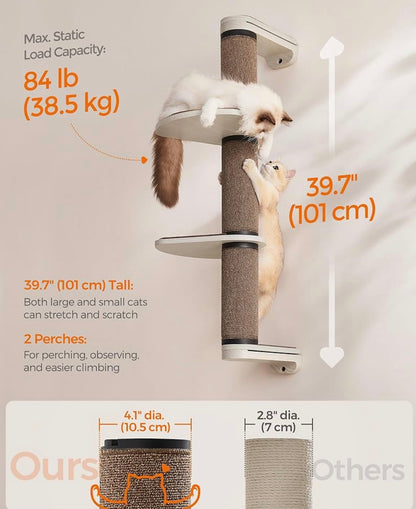 Feandrea Clickat Collection - No.006 Cat Tree Scratching Post, 39.7-Inch Tall Thicker Wall Mounted Cat Scratcher Posts, 2 Cats Perch Platform, Easy Assembly, Suit for Multi Cats Climb Play Nap Scratch