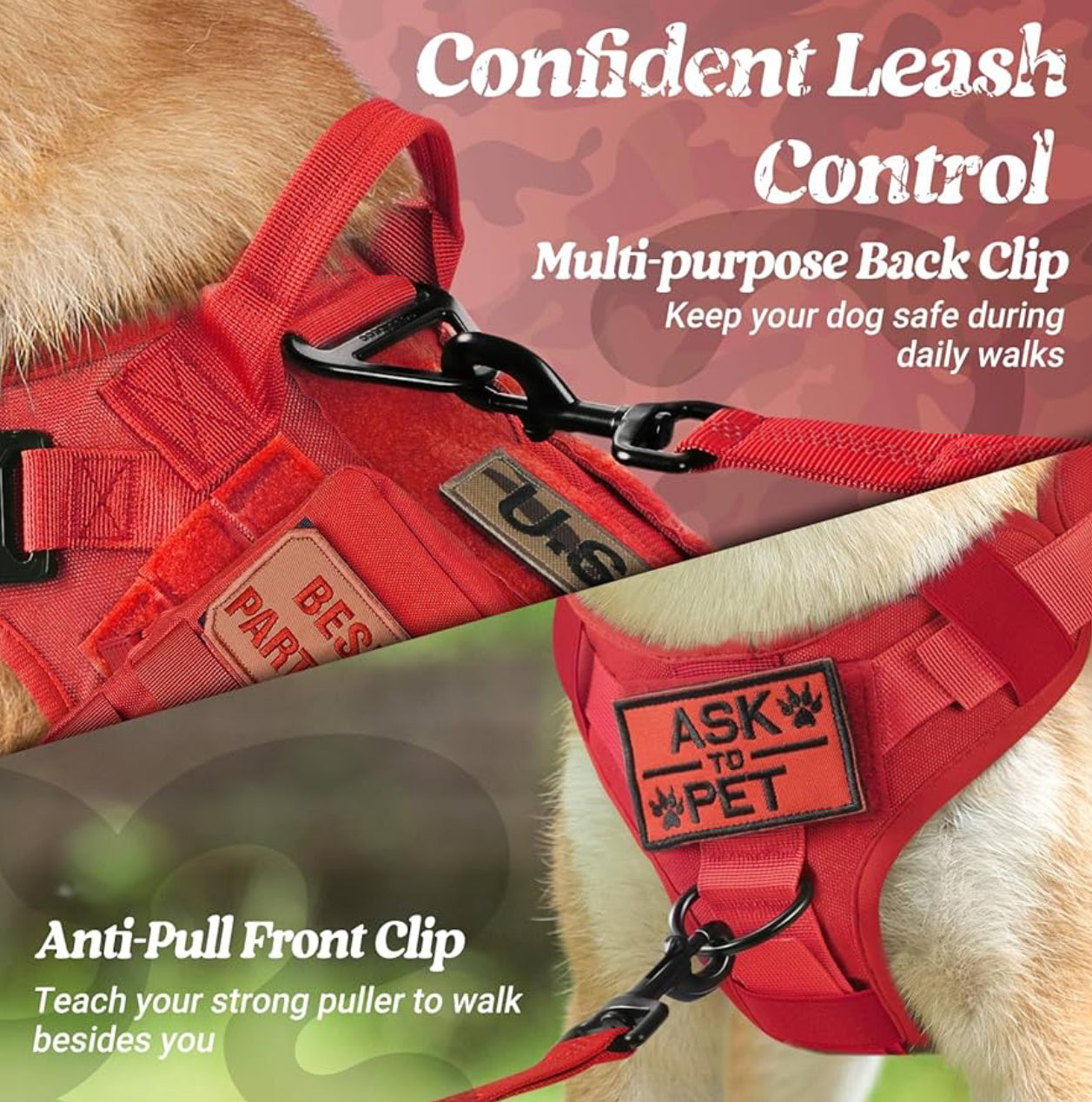 rabbitgoo Tactical Dog Harness for Large Dogs, Heavy Duty Dog Harness with Handle, No-Pull Service Dog Vest Large Breed, Adjustable Military Dog Vest Harness for Training Hunting Walking, Red, XL