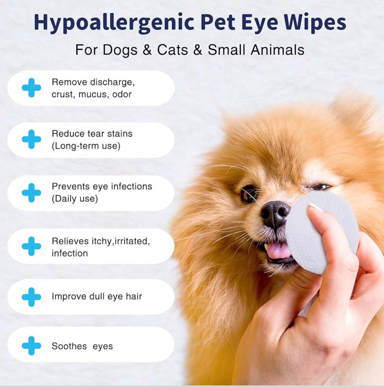 PET Eyes Wipes for Dogs & Cats Blessmeet- Gently Remove Tear Stain, Debris, Crust & Discharge- Hypoallergenic & Deodorizing Pet Cleaning Grooming Wipes Cleaner for Eyes, Face & Wrinkle -Unscented