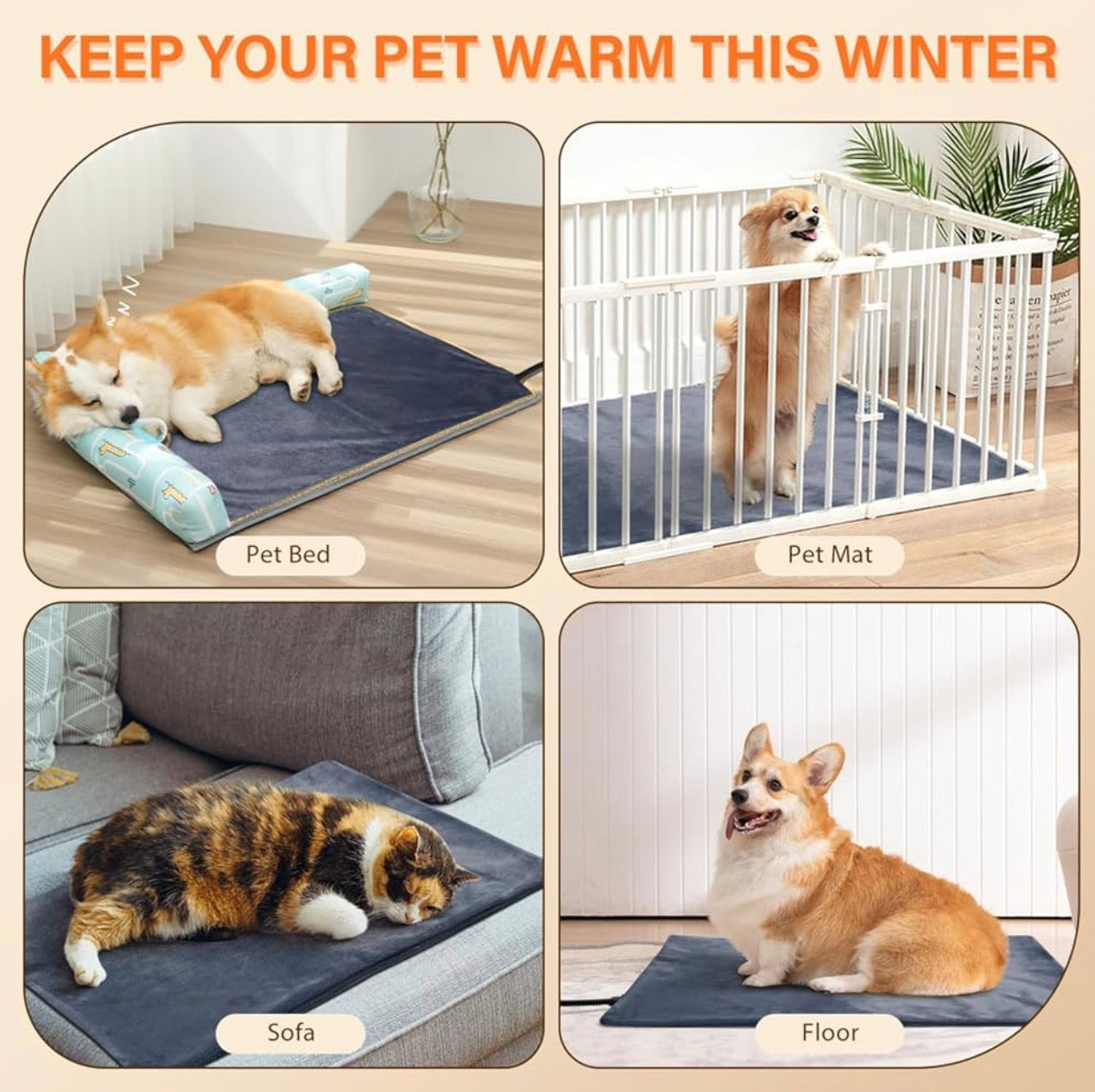 Nobleza Heated pet mat Adjustable Temperature Waterproof Cat Heating Pad with Timer, Indoor Outdoor Chew Resistant Pet Dog Heating Pad for Dogs Cats with Steel Cord