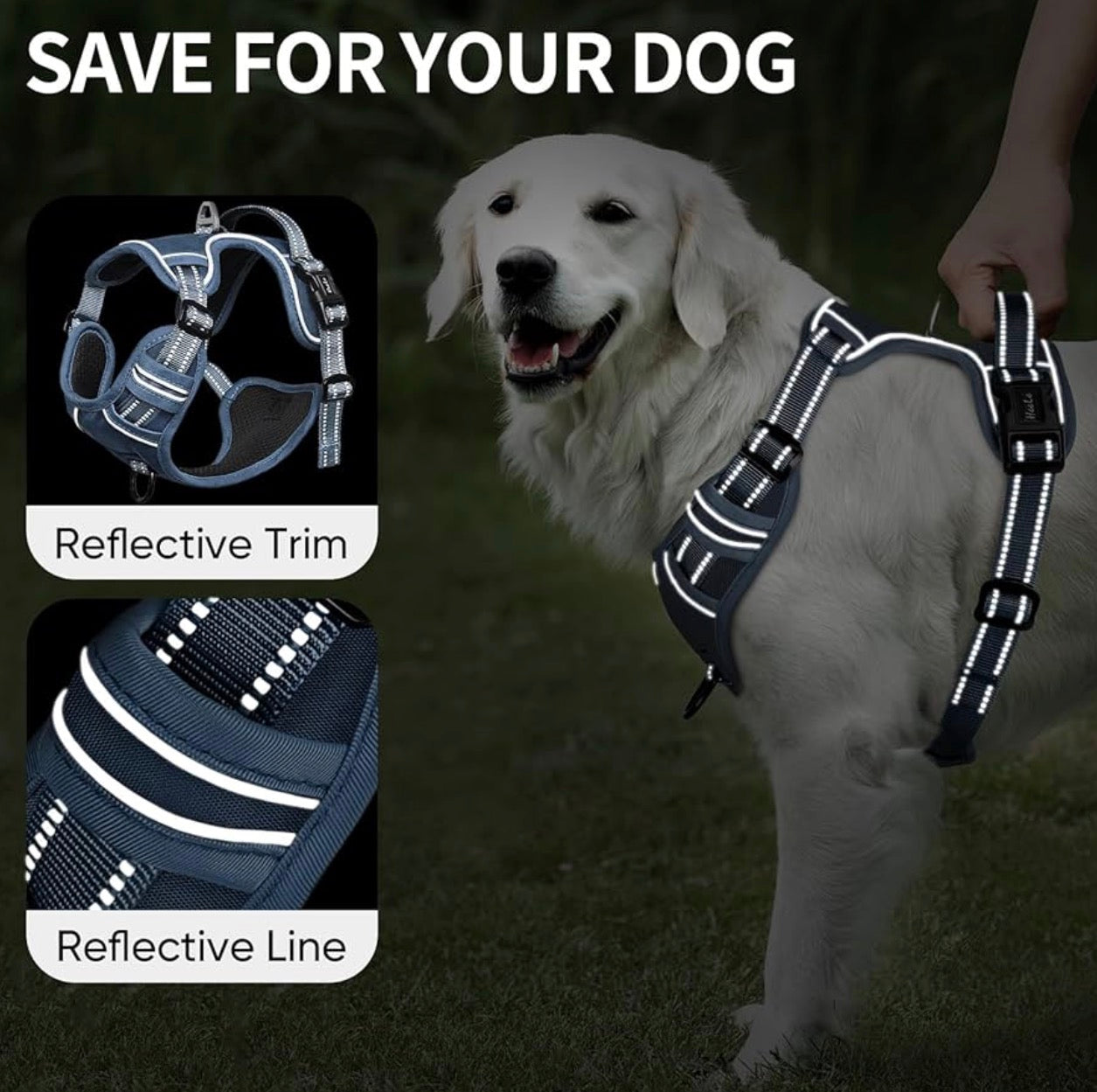 HEELE Dog Harness for Large Dogs No Pull Dog Vest Harness for Large Dog with Soft Padded Handle Reflective for Outdoor Training, Royal Blue, Size L: Neck 46-66cm(18-26in), Chest 43-86cm(17-34in).