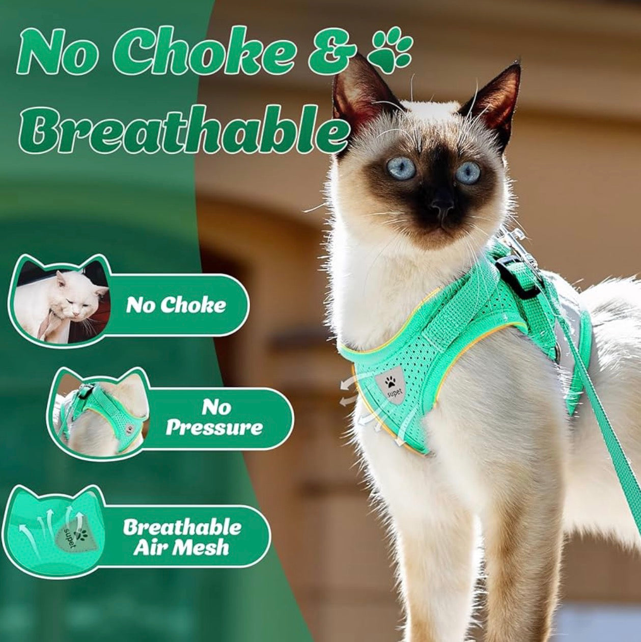 Supet Cat Harness and Leash Set - (size S (Chest: 9.5" - 13.0") Soft Mesh Adjustable Cat Vest Harness with Reflective Strap for Walking Cat and Puppy Rabbit