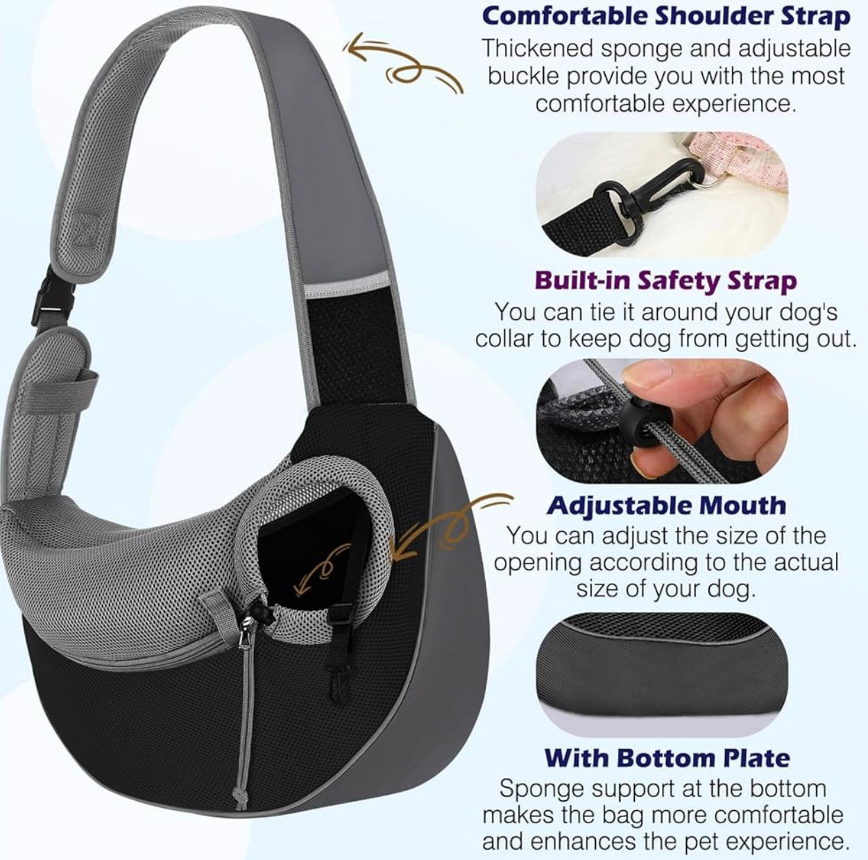 Pawaboo Pet Dog Sling Carrier, Hand Free Drawstring Dog Papoose with Adjustable Strap, Breathable Mesh Bag for Puppy Cat, Crossbody Satchel Dog Purse with Pocket for Outdoor, Dark Gray+Black, Medium