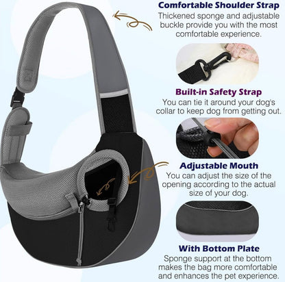 Pawaboo Pet Dog Sling Carrier, Hand Free Drawstring Dog Papoose with Adjustable Strap, Breathable Mesh Bag for Puppy Cat, Crossbody Satchel Dog Purse with Pocket for Outdoor, Dark Gray+Black, Medium