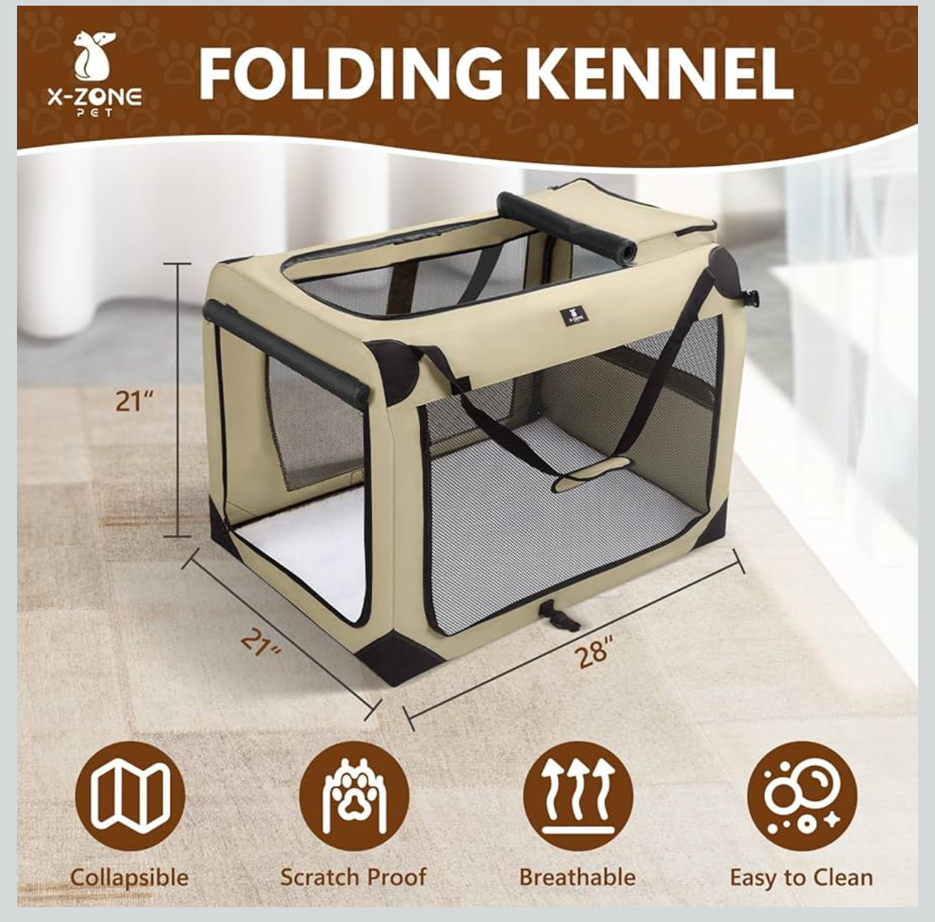 X-ZONE PET Dog Crate 3-Door Kennel, Collapsible Portable Soft Sided Pet Carriers for Indoor & Outdoor, Multiple (36- Inch)