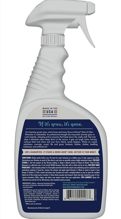 Rocco & Roxie Supply Co. Stain & Strong Odor Eliminator, Enzyme Cleaner, Pet Odor Eliminator for Home - Carpet Stain Remover for Cats & Dog Pee - Urine Destroyer - Carpet Cleaner Spray Clear, 32 Fl Oz