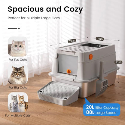XL Stainless Steel Cat Litter Box with Easy-Open Lid, Enclosed Metal Litter Box for Big Cats, Front Entry & Top Exit, High Sided, Anti-Leak, Non-Stick, Easy to Clean, Includes Scoop