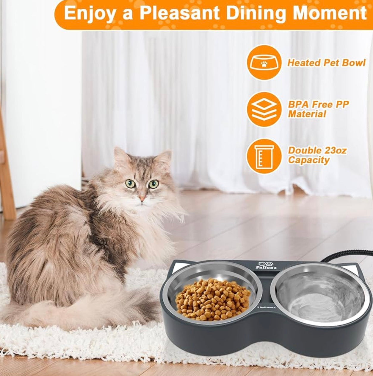 Fuliuna Heated Pet Bowl, Outdoor Heated Pet Bowl with Double Stainless Steel Bowl 23 OZ, Water Food Bowls for Pets,Thermal Pet Bowl Provide Drinkable Water and Hot Food in Winter