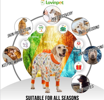LovinPet Dog Pajamas xtra Large Sized Dog, Recovery Wear, Lightweight Jurassic Knit, UV for Large Dogs/XL