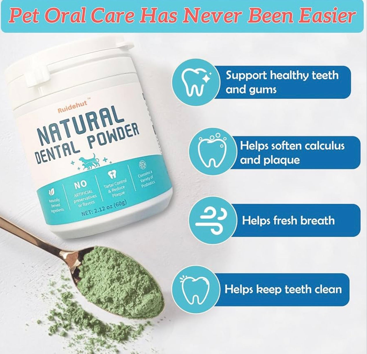 Ruidehut Natural Dog Dental Powder - Teeth Cleaning Powder - Removes Plaque and Tartar - Breath Freshener - Contains Probiotics to Fight Bad Breath (2.12 Oz)