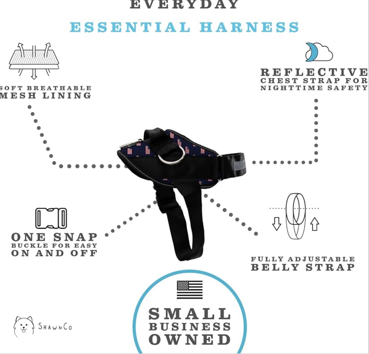 ShawnCo Essential Dog Harness, No-Pull Pet Vest with 3 Leash Clips, No Choke, Reflective, Adjustable and Padded, for Easy Walking and Training for Small, Dogs (USA Flag,S)