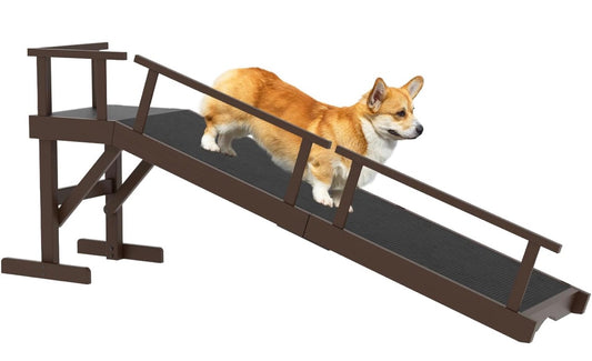 61" Dog Ramp for Bed and Couch, Pet Ramp with Removable Side Rail and Non-Slip Surface,for Small, Large & Senior Dogs with Rest Platform and DIY Glow Strips, Brown