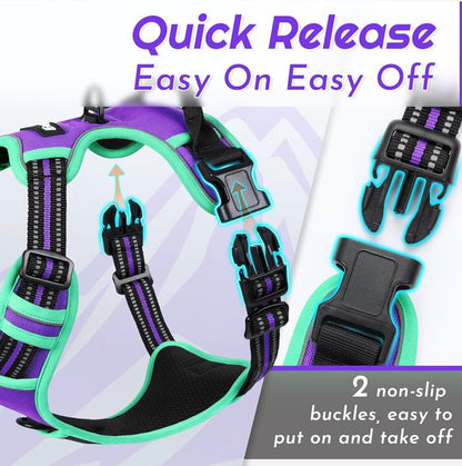 Eagloo Dog Harness for Large Dogs, chest girths between 15-35.4 inches No Pull Service Vest with Reflective Strips and Control Handle, Adjustable and Comfortable for Walking, No Choke Pet Harness with 2 Metal Rings, Purple & Green, L