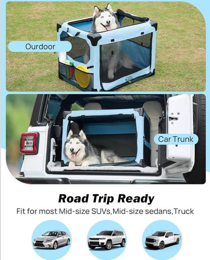 JOYTUTUS Collapsible Dog Crate, 32 Inch Portable Pet Crate for Car, Travel Dog Kennel Foldable Dog Crate for Large Dog 50lbs, Soft Cat Carrier Fit for Indoor & Outdoor/Trunk (Blue)