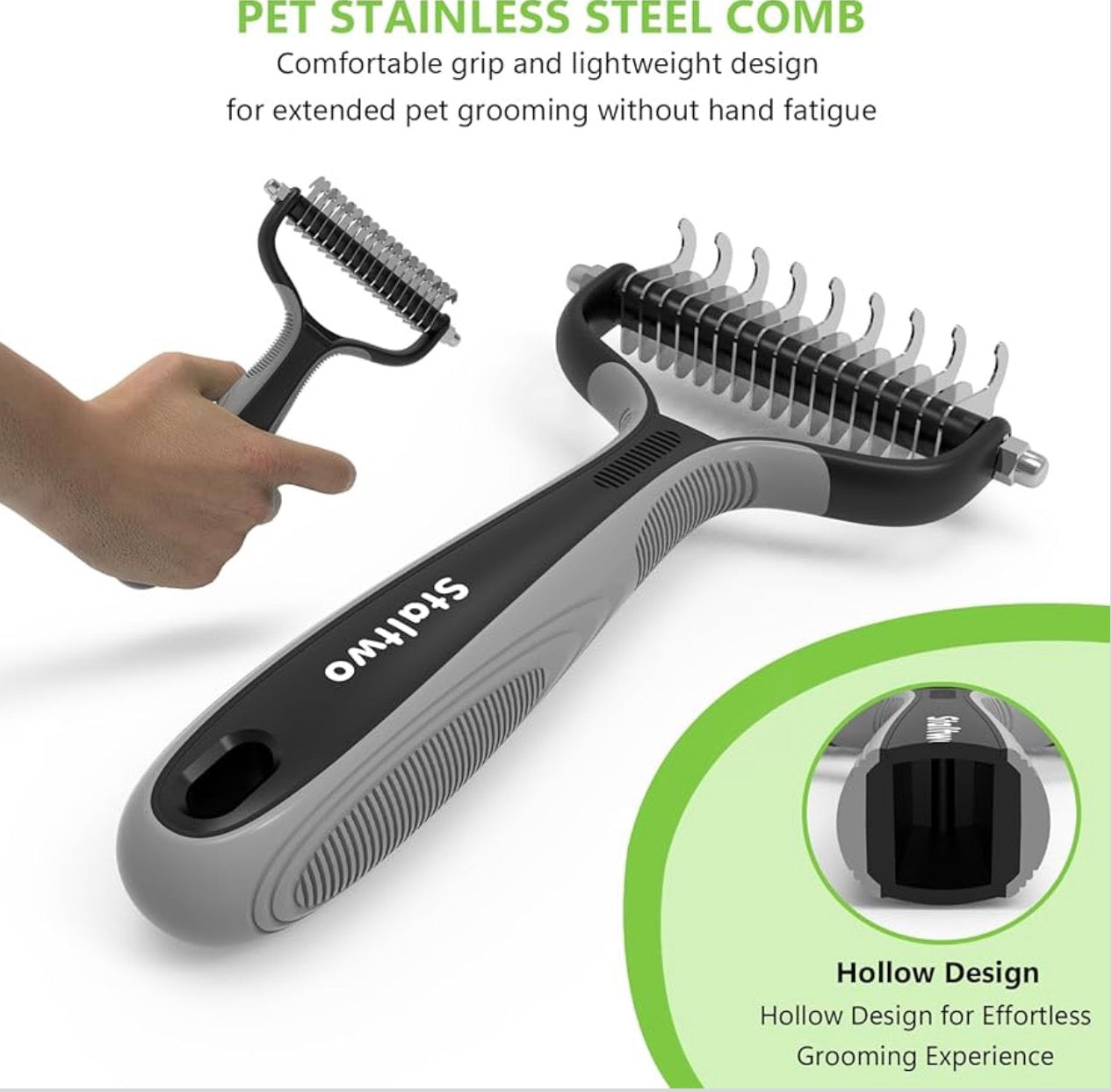 Pet Grooming Supplies - 2-in-1 Professional Undercoat Rake and Pet Brush | Staltwo Shedding Control for Long-Haired Dogs and Cats, Deshedding Tool, Knot Removal,Grey