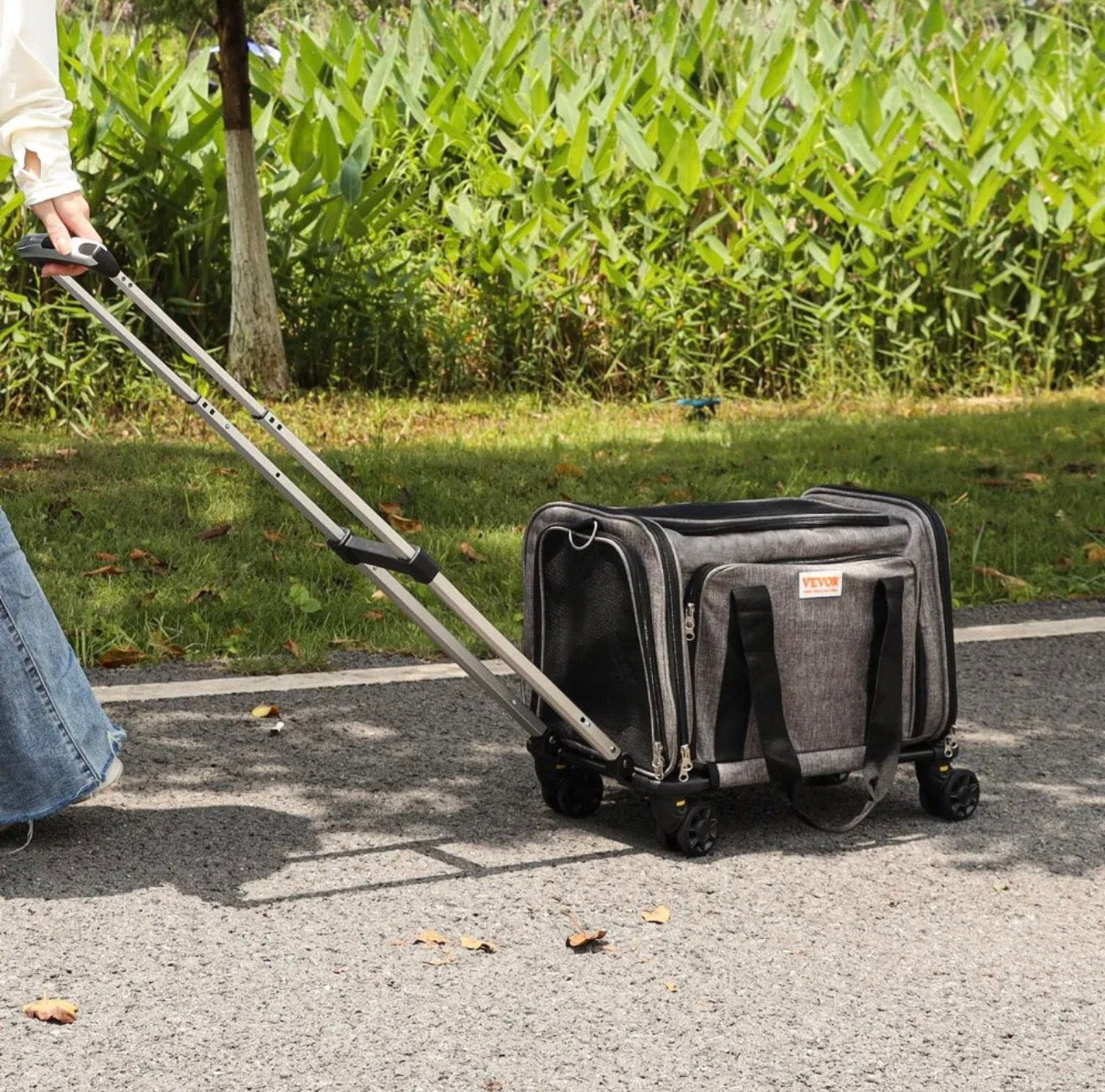 VEVOR Dog Carrier with Wheels, Airline Approved Rolling Pet Carrier with Telescopic Handle and Shoulder Strap, Cat Carrier with Wheels for Pets under 25 lbs, with 1 Folding Bowl, Grey