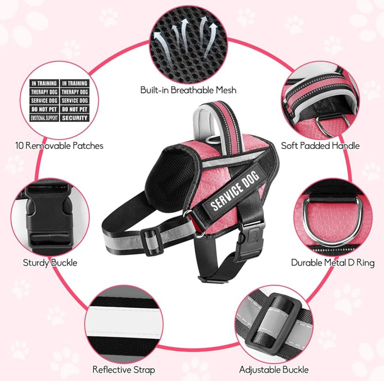 Service Dog Vest Harness Animire in Training Dog Harness with 10 Dog Patches, Soft Padded Handle for Extra-Large Dogs (Rosy,XL) 29”-40”