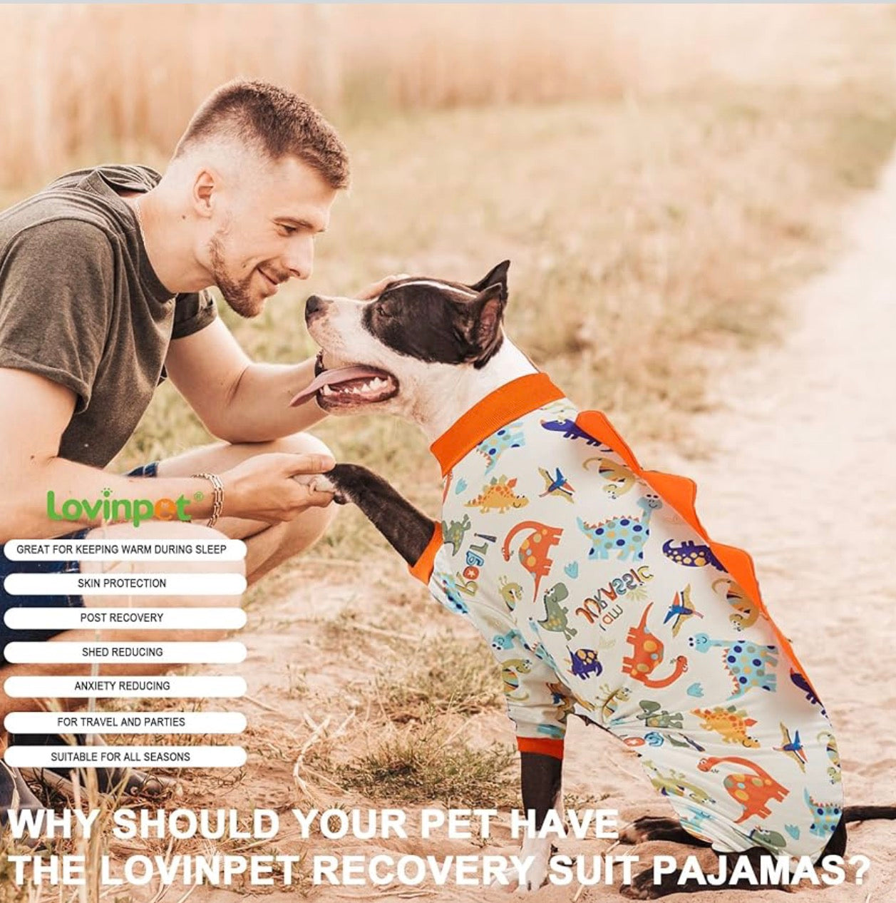 LovinPet Dog Pajamas xtra Large Sized Dog, Recovery Wear, Lightweight Jurassic Knit, UV for Large Dogs/XL