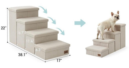 COZY KISS Dog Stairs with Storage, 4 Step Wider Sturdy Dog Steps for Small/Medium/Large Dogs and Older Cats, Folding Doggie Ramp for Bed/Couch/Car Hold Up to 210 lbs (16.7" H, Beige)