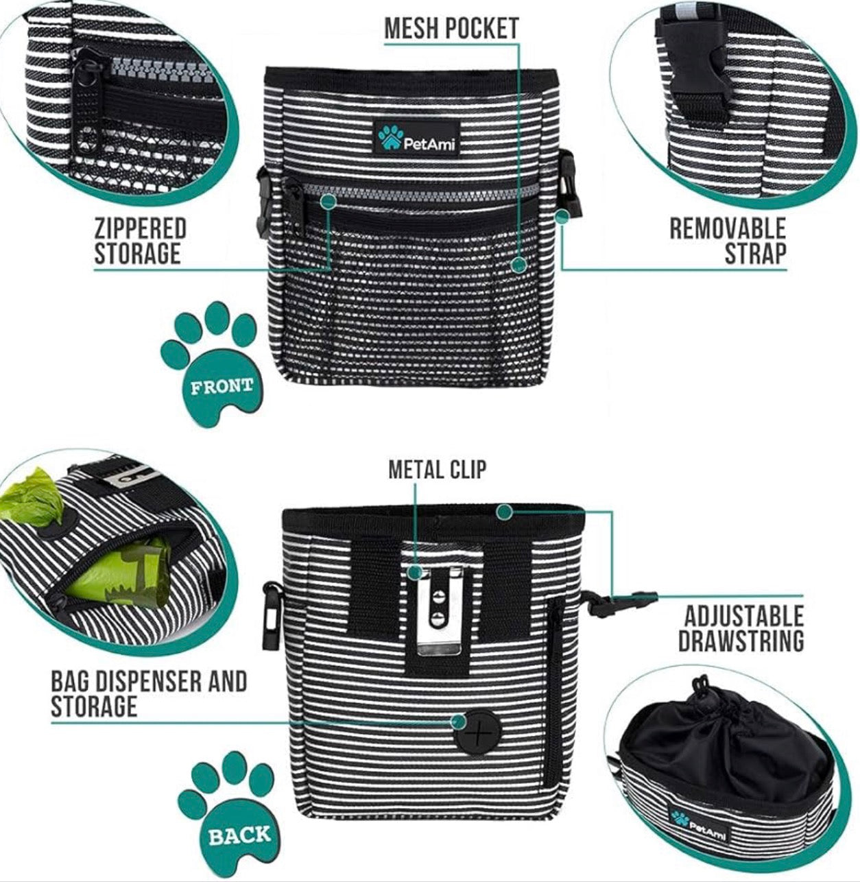 PetAmi Dog Treat Pouch, for Training, Dog Walking , Pet Food,Toys, Dog Trainer Essentials Supplies, Poop Bag Dispenser, 3 Ways to Wear (Black Stripes)