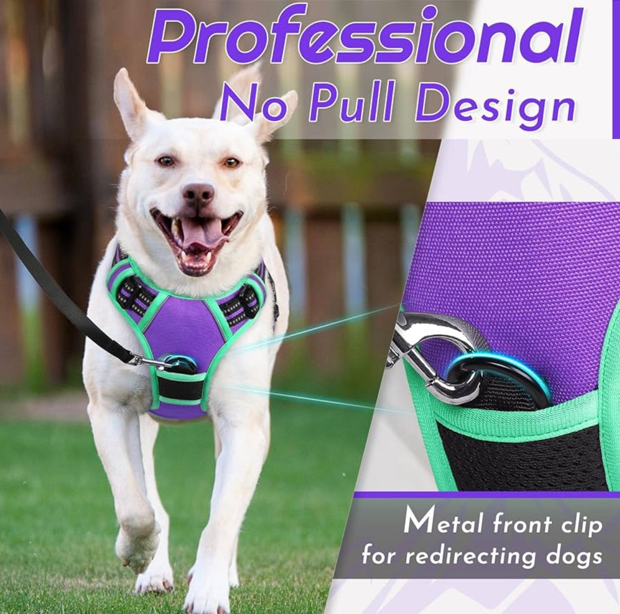 Eagloo Dog Harness for Large Dogs, chest girths between 15-35.4 inches No Pull Service Vest with Reflective Strips and Control Handle, Adjustable and Comfortable for Walking, No Choke Pet Harness with 2 Metal Rings, Purple & Green, L