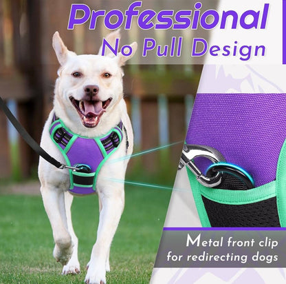 Eagloo Dog Harness for Large Dogs, chest girths between 15-35.4 inches No Pull Service Vest with Reflective Strips and Control Handle, Adjustable and Comfortable for Walking, No Choke Pet Harness with 2 Metal Rings, Purple & Green, L